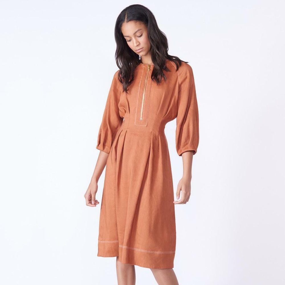 Veronica Beard Terracotta Orange Claudia Linen Blend Midi Dress with Gold Zipper